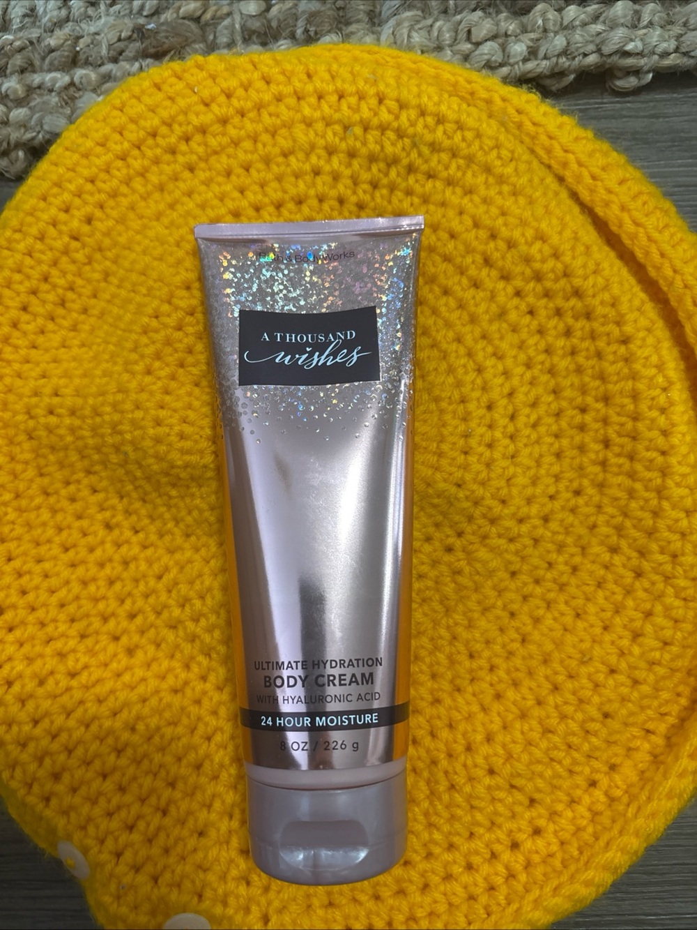 Bath & Body Works A Thousand Wishes Body Cream - Rose Gold Tube on Yellow